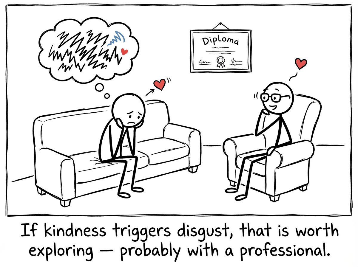A stick figure in therapy exploring why kindness feels threatening, with the therapist nodding