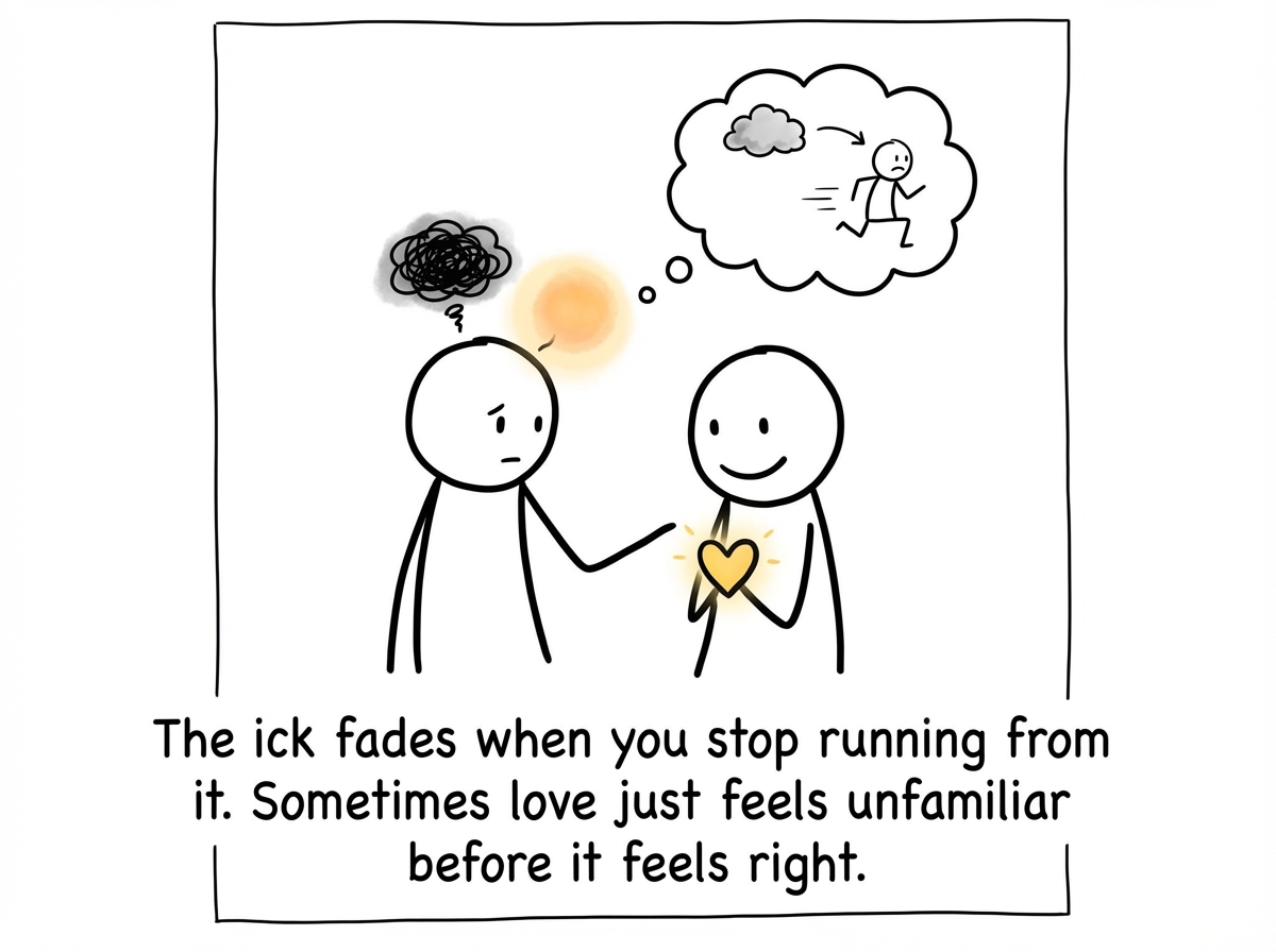 A stick figure choosing to stay with someone who is kind and consistent, and slowly feeling the ick dissolve into warmth