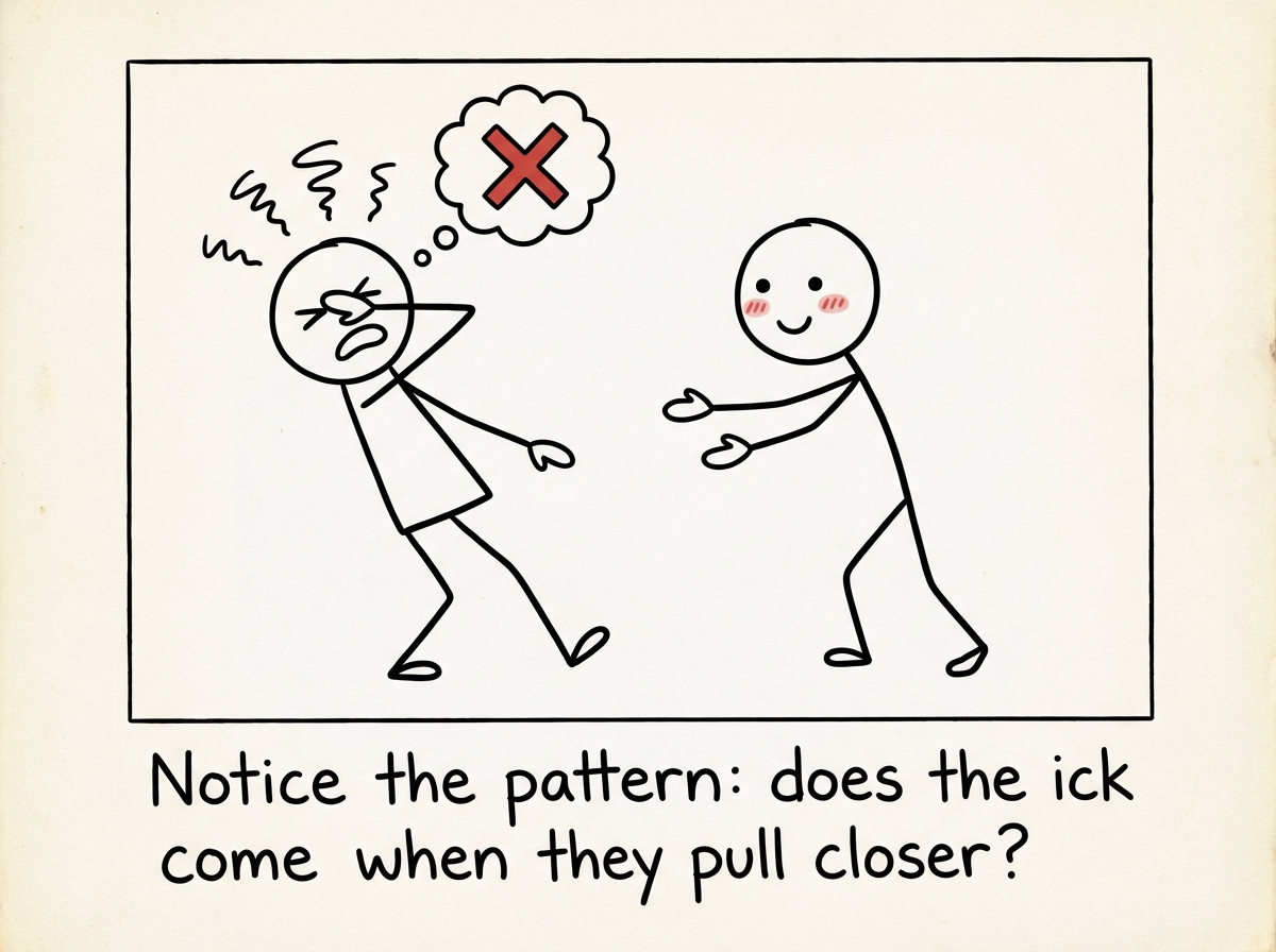 A stick figure recoiling from another stick figure who is smiling warmly at them, with a thought bubble showing a big red X