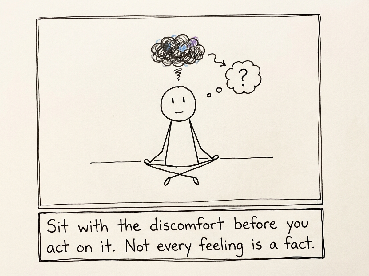 A stick figure sitting with the uncomfortable feeling instead of running, with the discomfort shown as a small dark cloud that is slowly shrinking