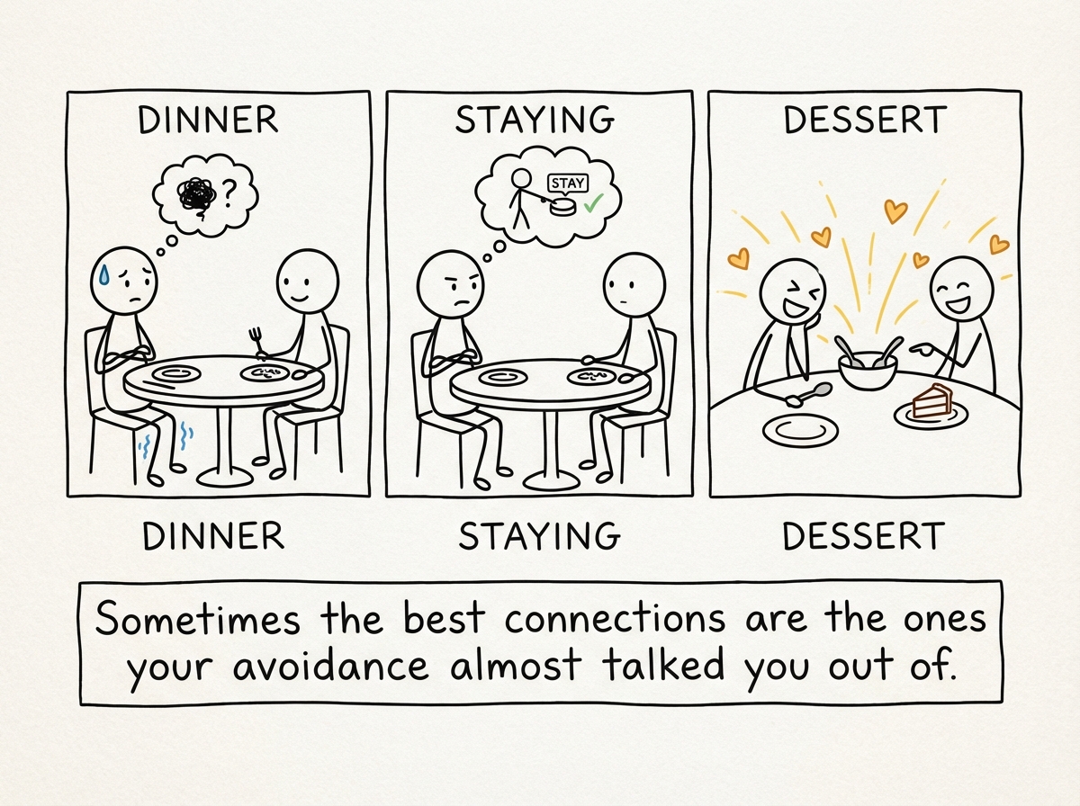 A stick figure choosing to stay on a second date despite mild discomfort, and finding themselves genuinely laughing by dessert