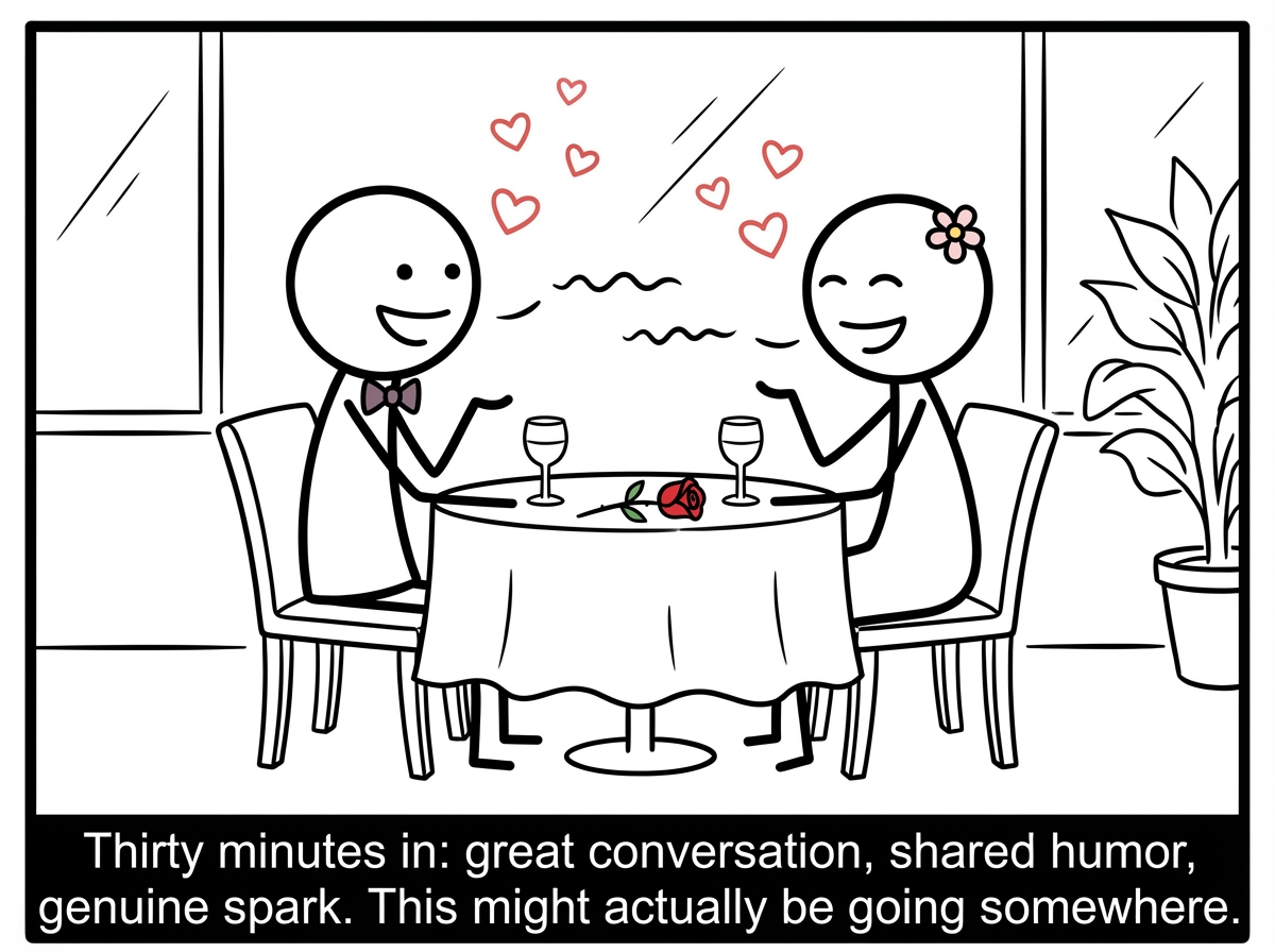 Two stick figures on a date at a nice restaurant, both smiling, conversation flowing, little hearts floating between them
