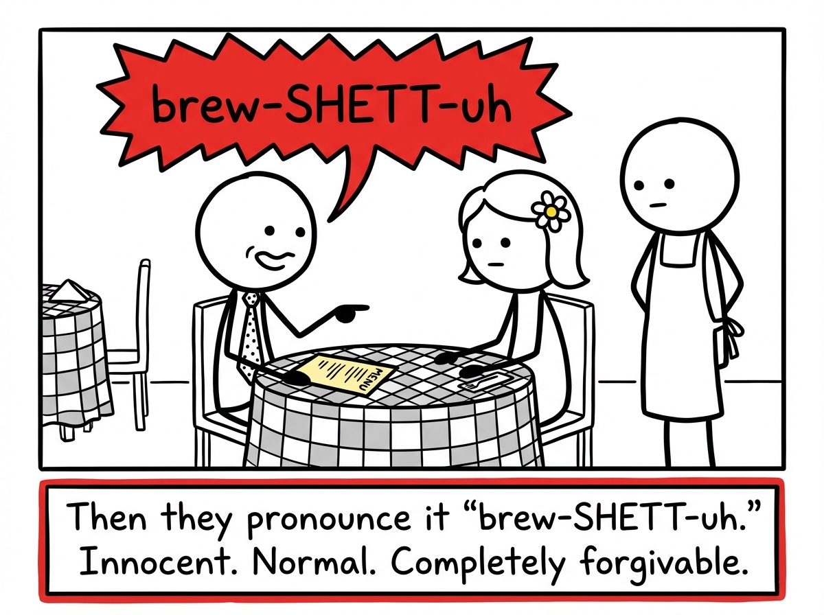 The date stick figure innocently mispronouncing 'bruschetta' while ordering, looking cheerful and unaware