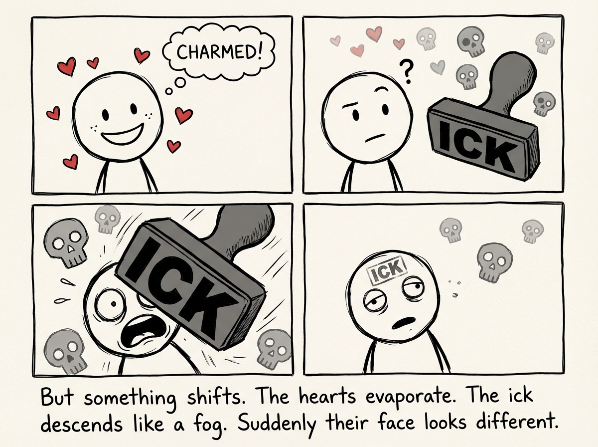 The main stick figure's face transforming from charmed to horrified, the little hearts turning into skulls, a massive ICK label slamming down like a stamp