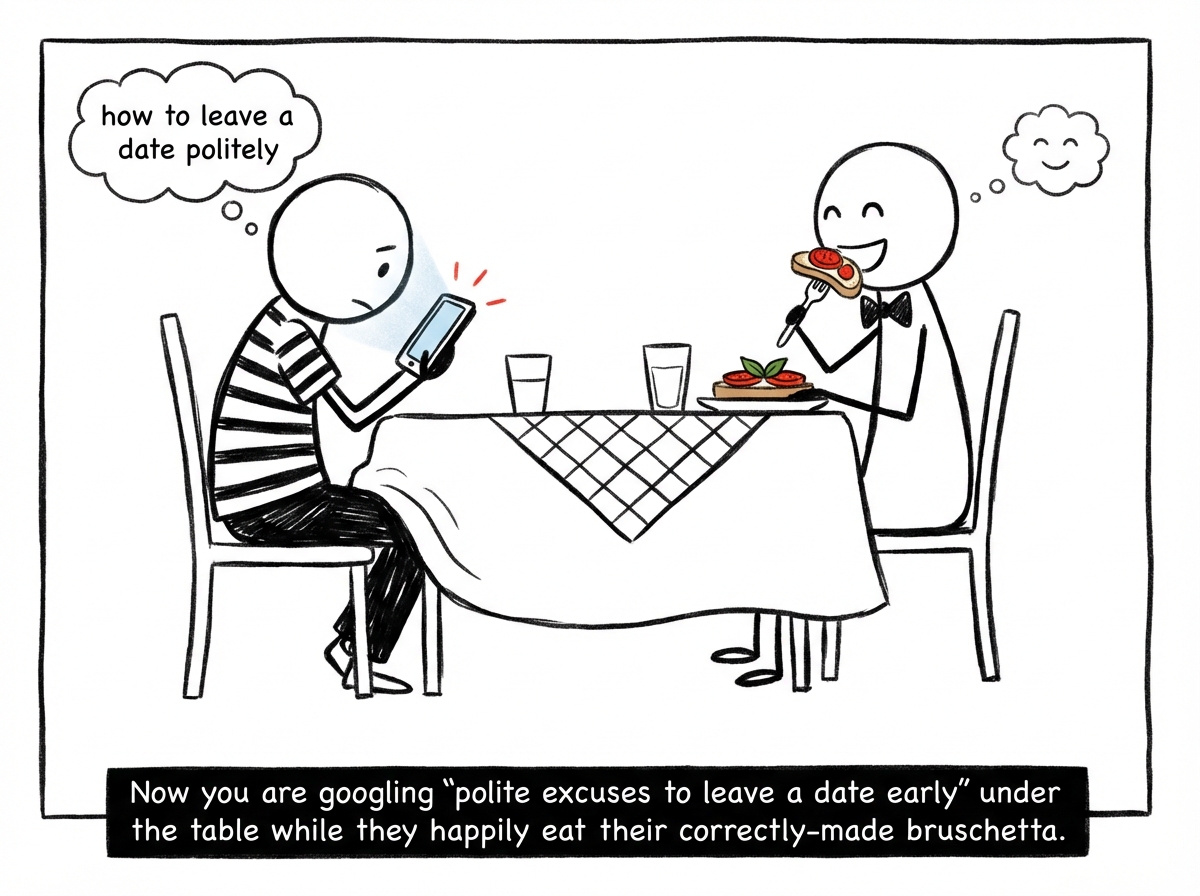 The main stick figure checking their phone under the table, googling 'how to leave a date politely,' while the date happily eats their bruschetta