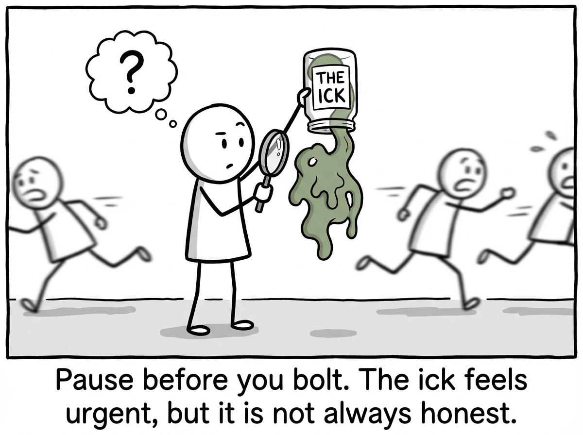 A stick figure pausing to examine the ick feeling with curiosity instead of immediately acting on it