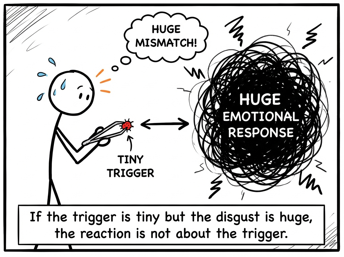 A stick figure separating a trivial trigger from the intense emotional response and noticing the mismatch