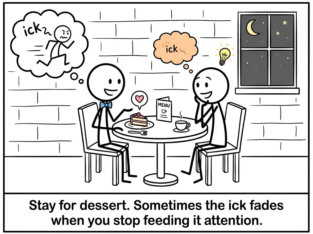 A stick figure choosing to finish the date instead of running, and finding that the ick fades when they stop focusing on it