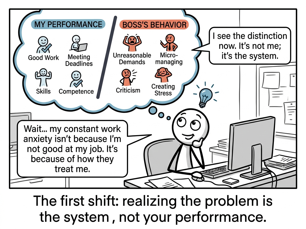 A stick figure recognizing that their constant anxiety at work is not about their competence but about their boss's behavior, drawing a clear line between the two