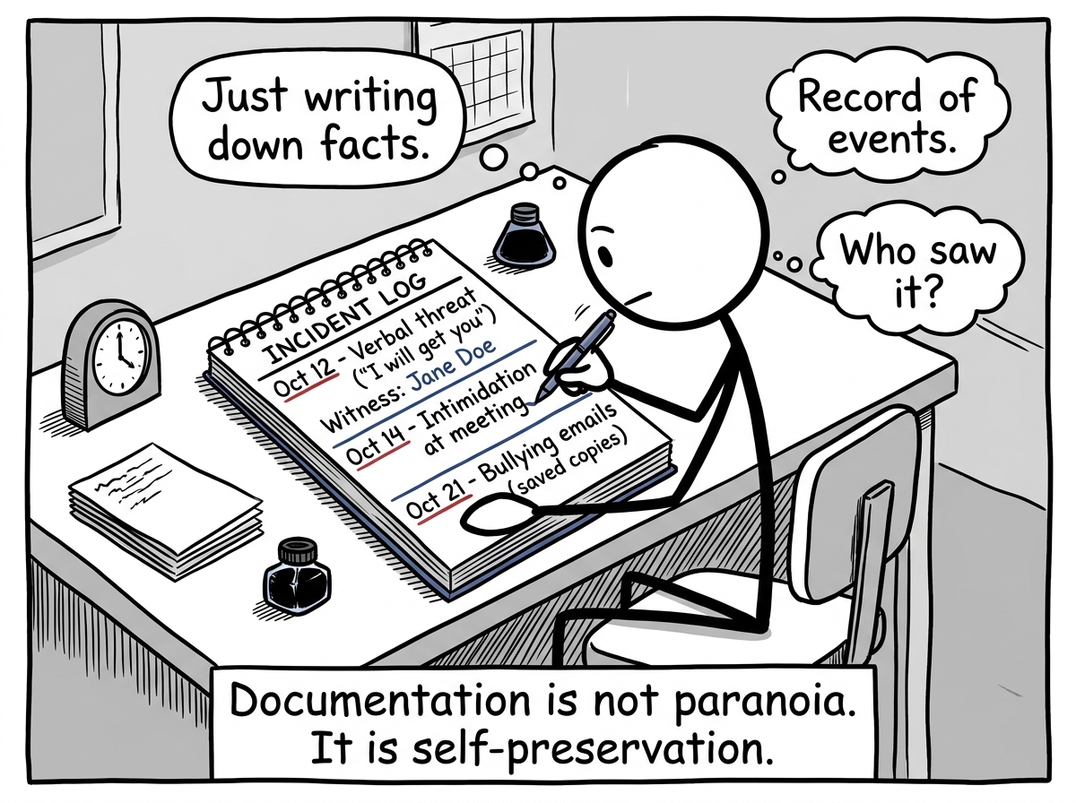 The stick figure calmly documenting incidents in a private notebook -- dates, quotes, witnesses -- building a record
