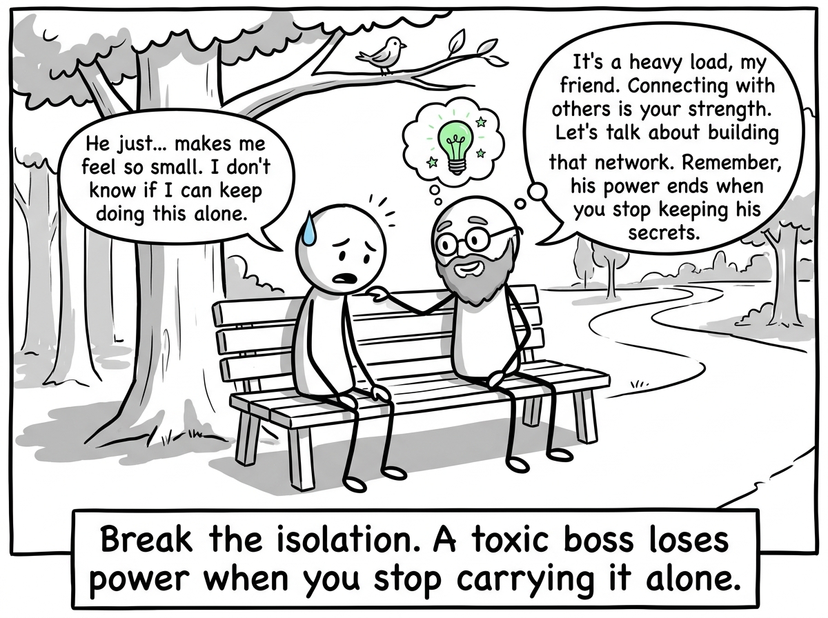 The stick figure confiding in a trusted mentor outside the organization, getting perspective and building a support network