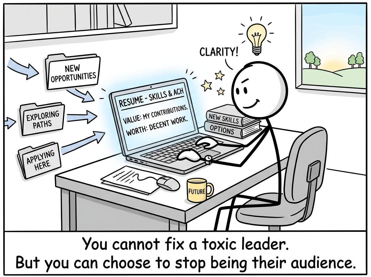 The stick figure updating their resume and exploring options, not from desperation but from clarity about what they deserve