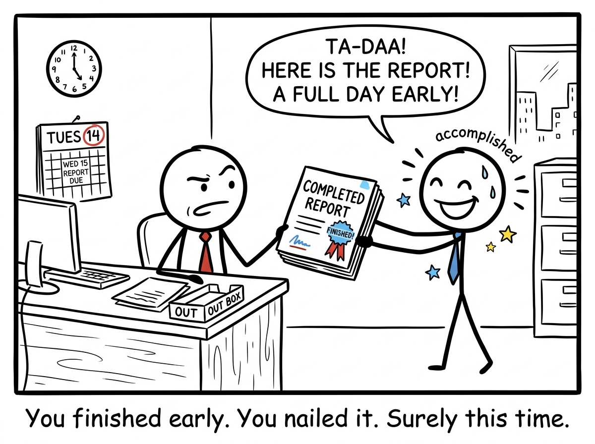 A stick figure proudly delivering a finished report to their boss one day early, looking accomplished