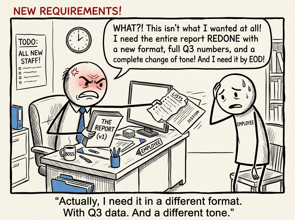 The boss looking at the report and frowning, handing it back with a list of new requirements that were never mentioned before