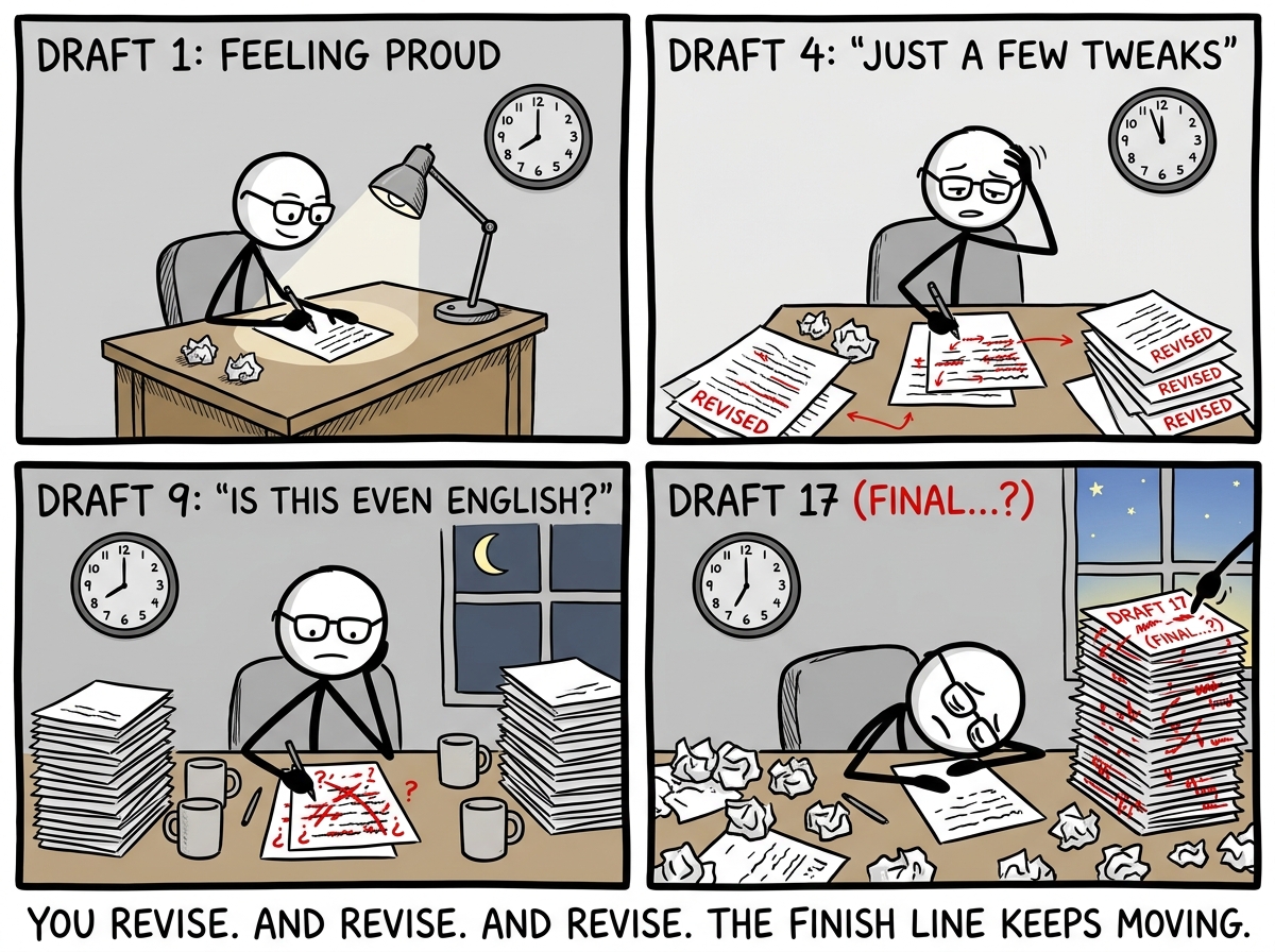 The stick figure working late into the night surrounded by multiple revised versions, each with new red marks, looking progressively more defeated