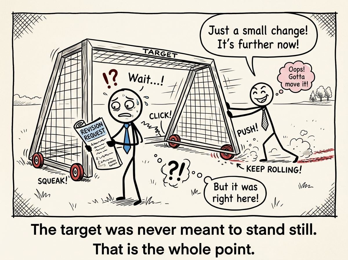 The stick figure staring at the latest revision request, finally realizing the goalposts are on wheels -- their boss is standing behind them, casually pushing them further