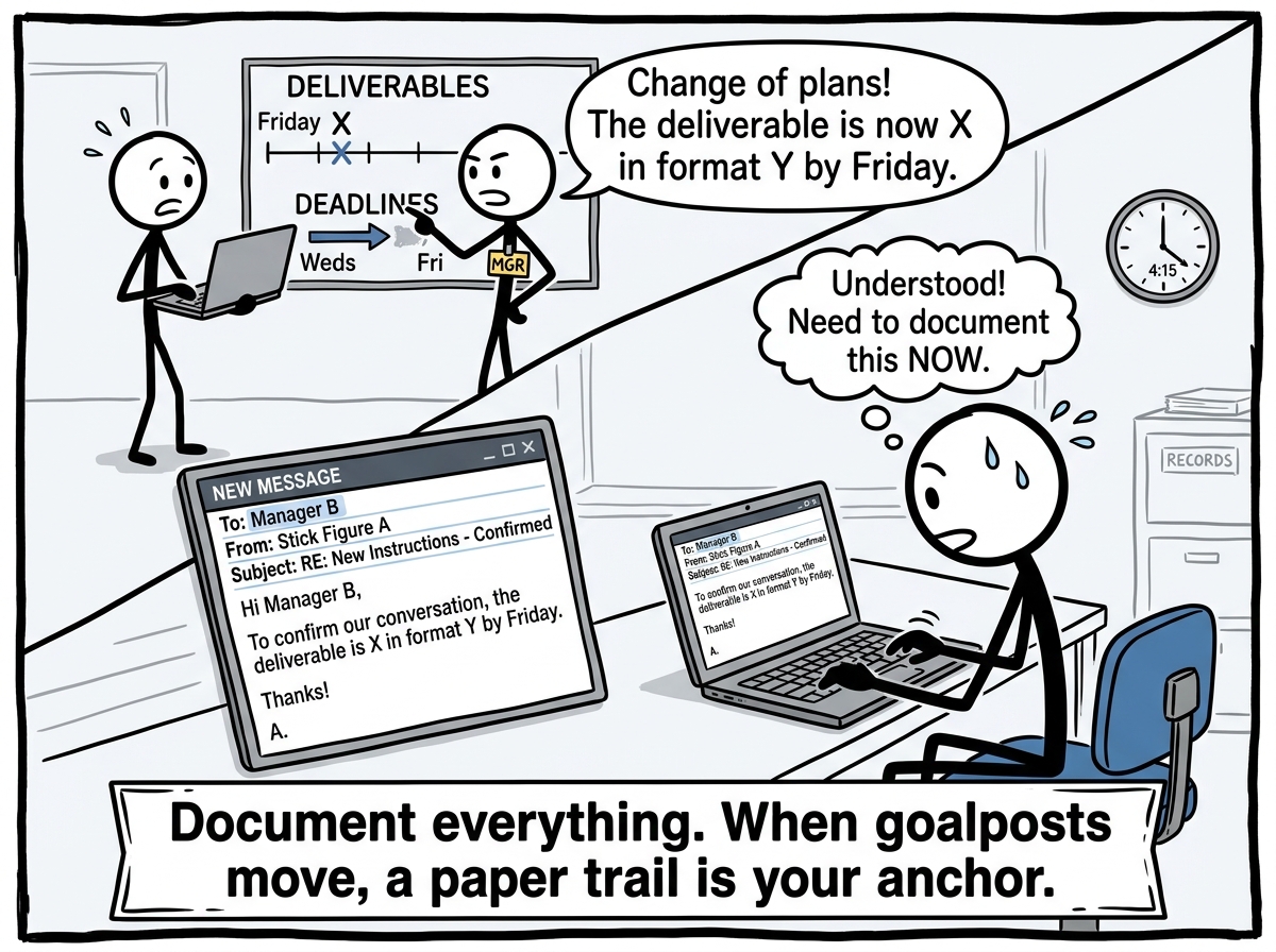 A stick figure receiving new instructions and immediately sending a confirmation email: 'To confirm, the deliverable is X in format Y by Friday'