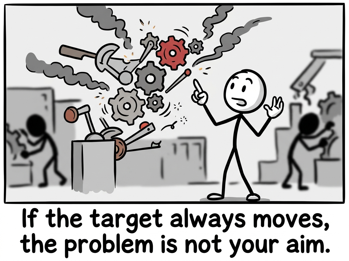 The stick figure recognizing the pattern for what it is -- not their failure but a system designed to keep them off-balance