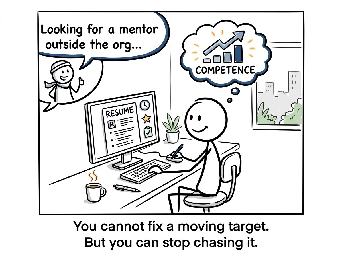The stick figure updating their resume and seeking mentorship outside the organization, protecting their sense of competence