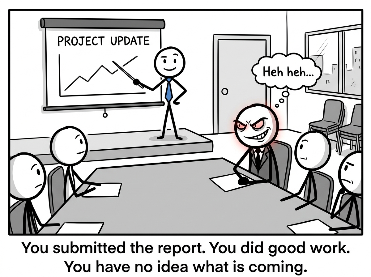 A stick figure presenting their work in a meeting room, looking confident, while their boss watches with a predatory expression