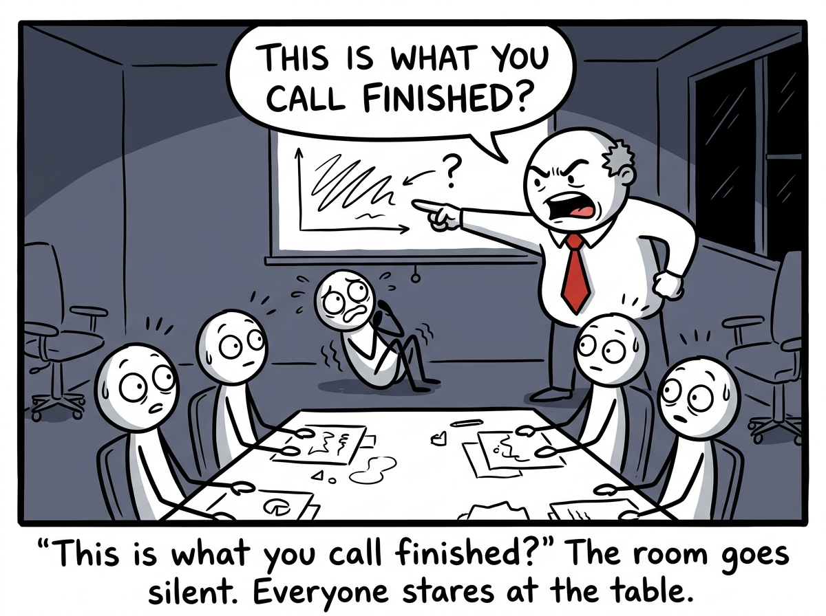The boss standing up and pointing at the presentation with exaggerated disgust, while the employee shrinks and other colleagues freeze with wide eyes