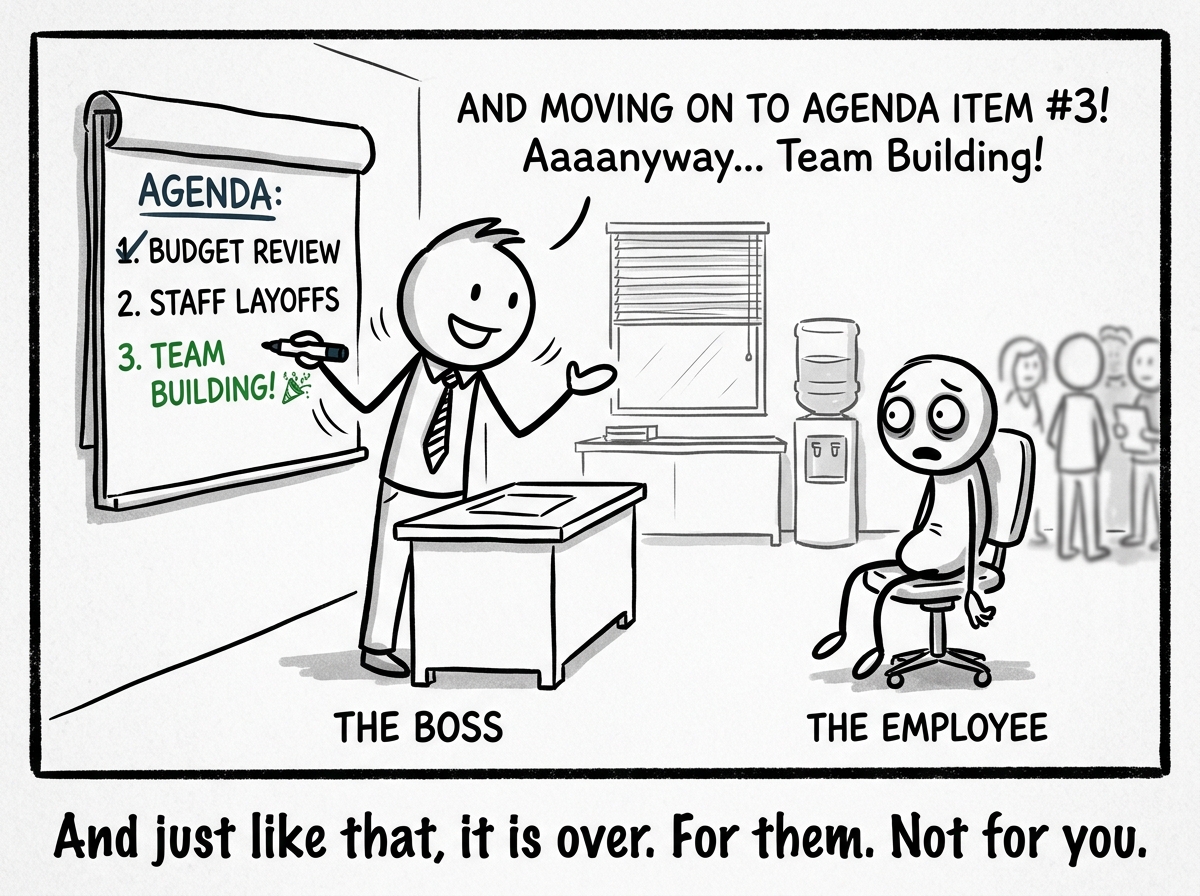 The boss cheerfully moving to the next agenda item as if nothing happened, while the employee sits stunned and small in their chair