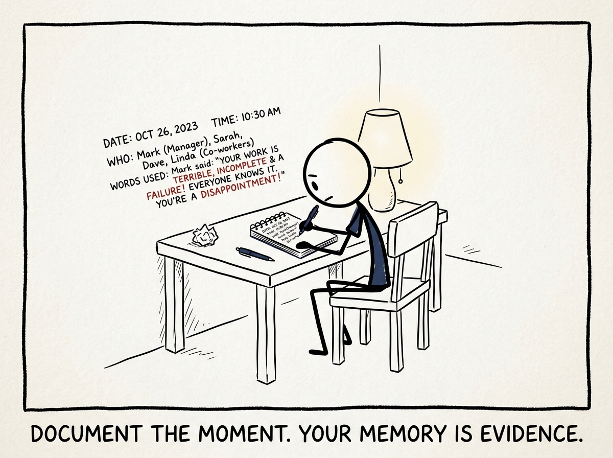 A stick figure after being publicly criticized, writing down exactly what happened: date, words used, who was present