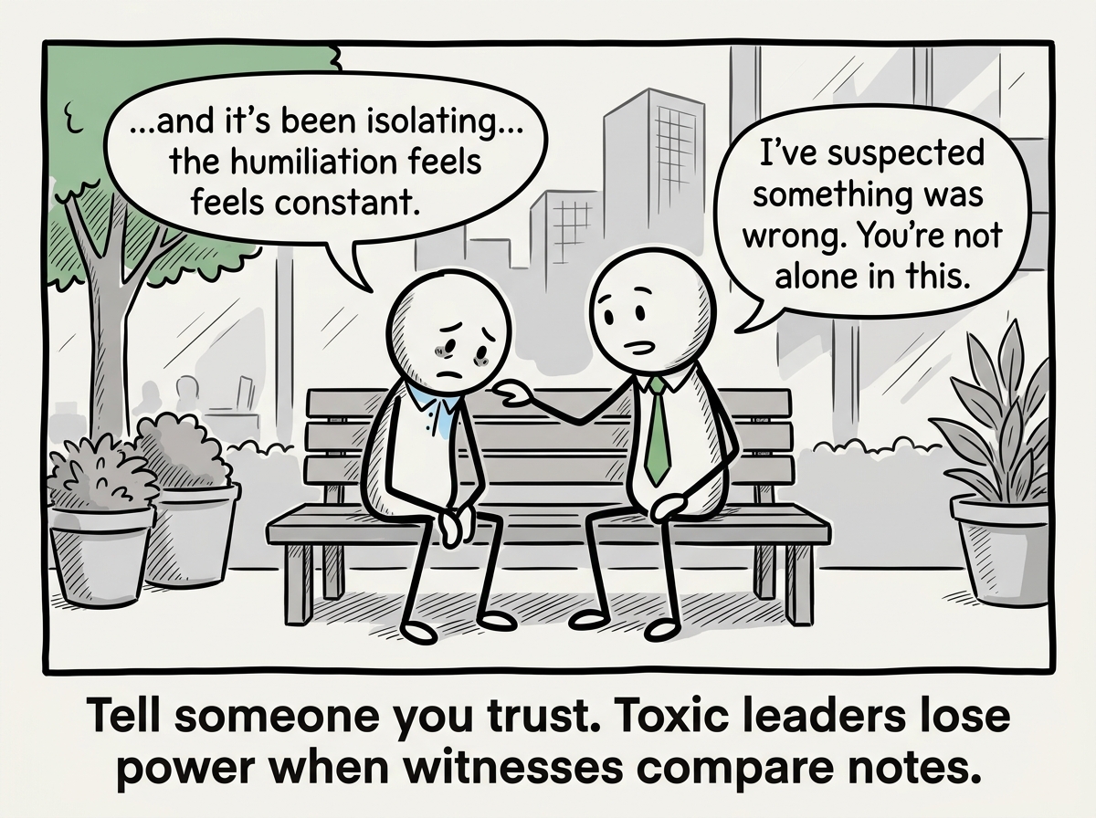The stick figure confiding in a trusted colleague or mentor outside the team, breaking the isolation the humiliation was designed to create