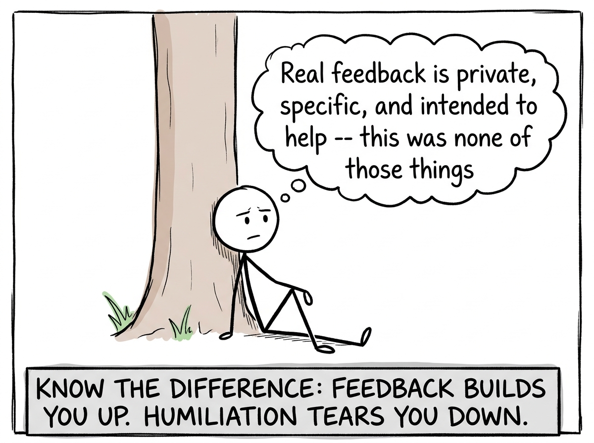 The stick figure reminding themselves: 'Real feedback is private, specific, and intended to help -- this was none of those things'
