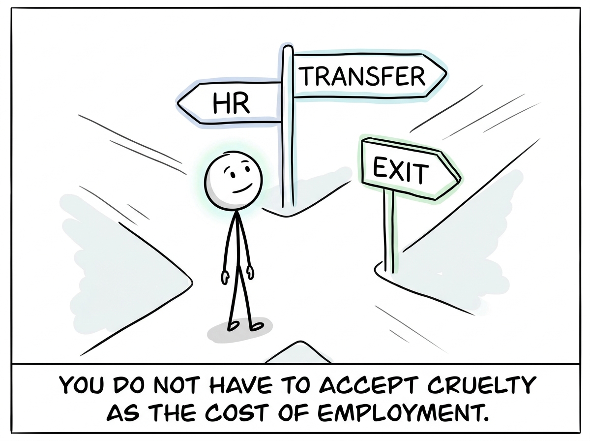 The stick figure exploring options -- HR, a transfer, an exit -- from a place of clarity rather than shame