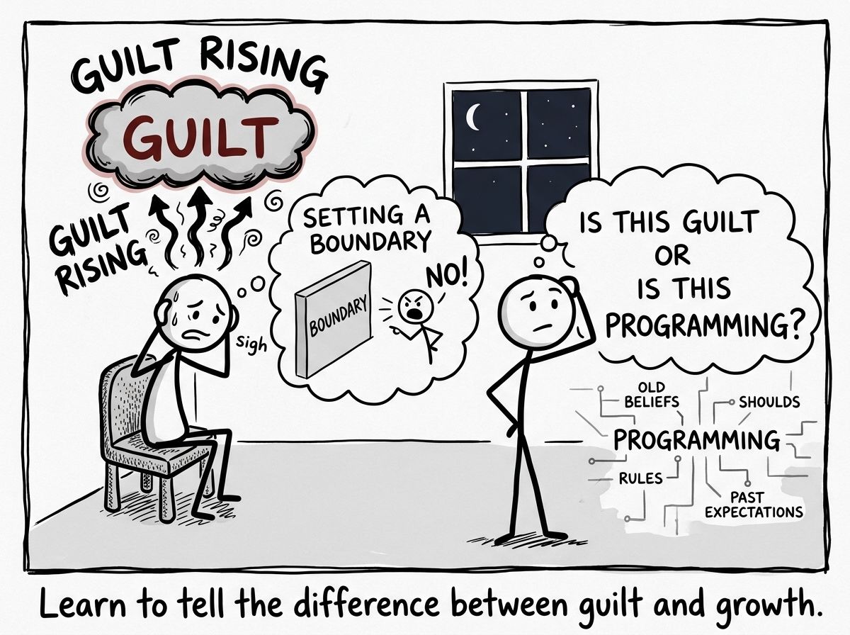 A stick figure feeling guilt rising as they consider setting a boundary, then pausing to ask 'Is this guilt or is this programming?'
