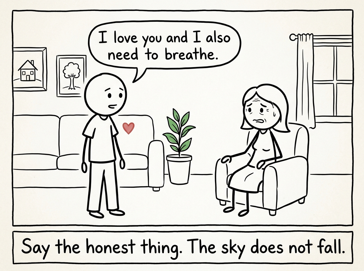 The stick figure saying to a family member 'I love you and I also need to breathe' while the family member looks uncomfortable but not destroyed