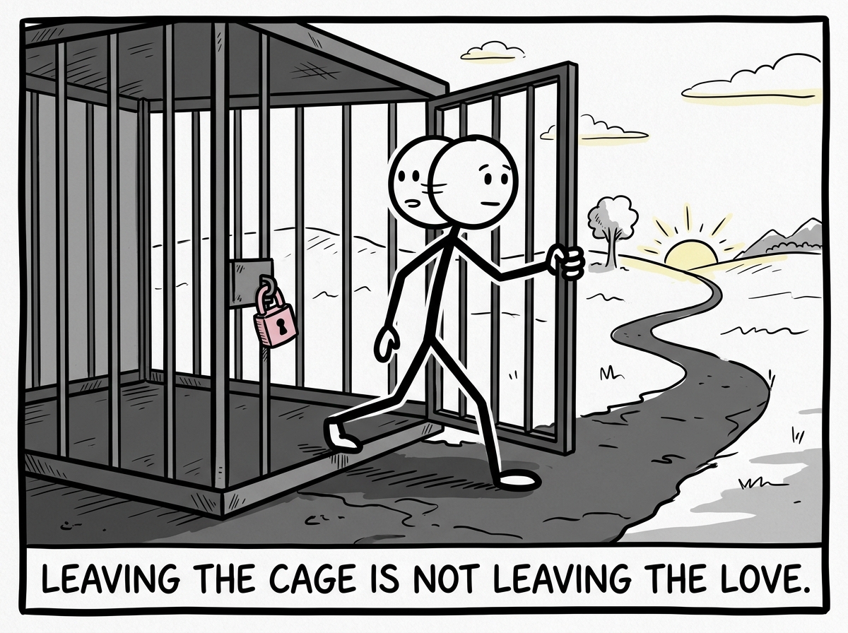 The stick figure stepping outside the cage door, one hand still on the frame, looking forward and backward at the same time