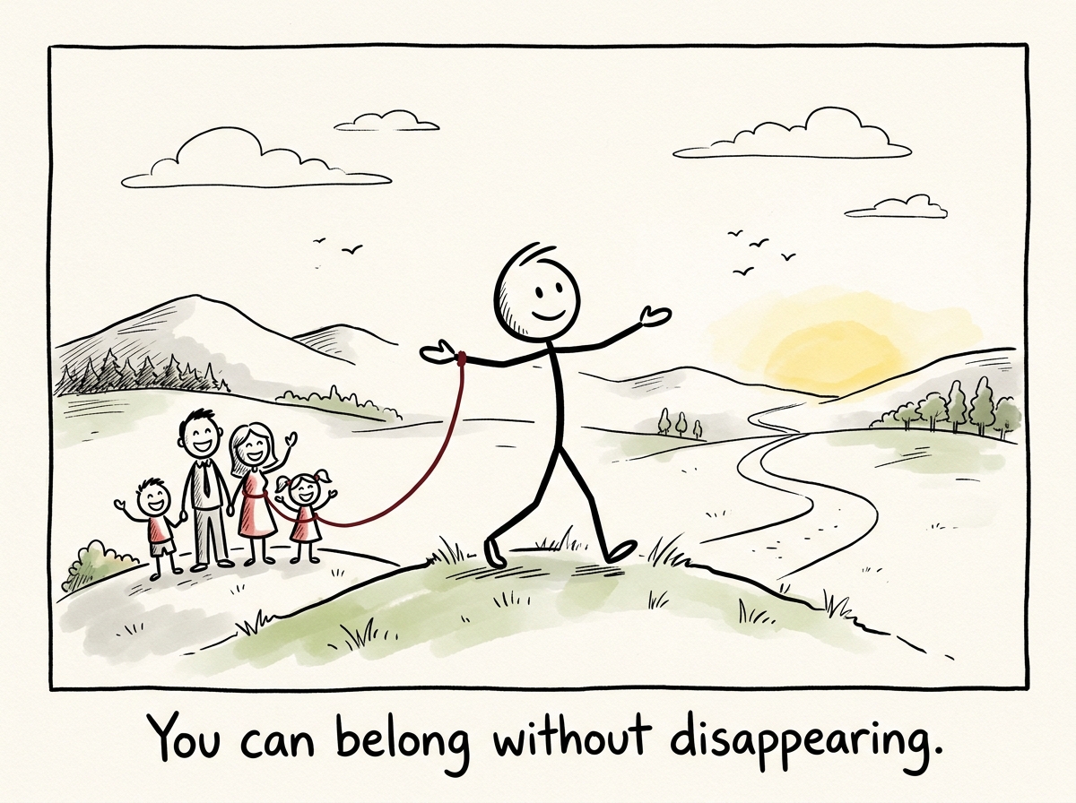 The stick figure standing in open air, still connected to family by a thread but no longer confined, with space to exist