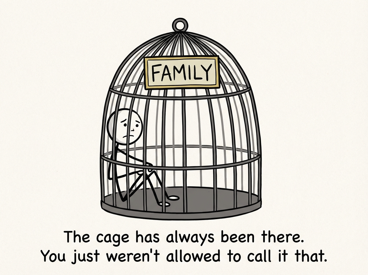 A stick figure sitting inside a large birdcage with 'FAMILY' written on a plaque at the top, looking out through the bars with a complicated expression