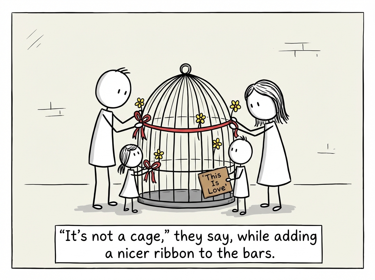 Family member stick figures gathered around the outside of the cage, decorating the bars with ribbons and flowers, one holding a sign that reads 'This Is Love'