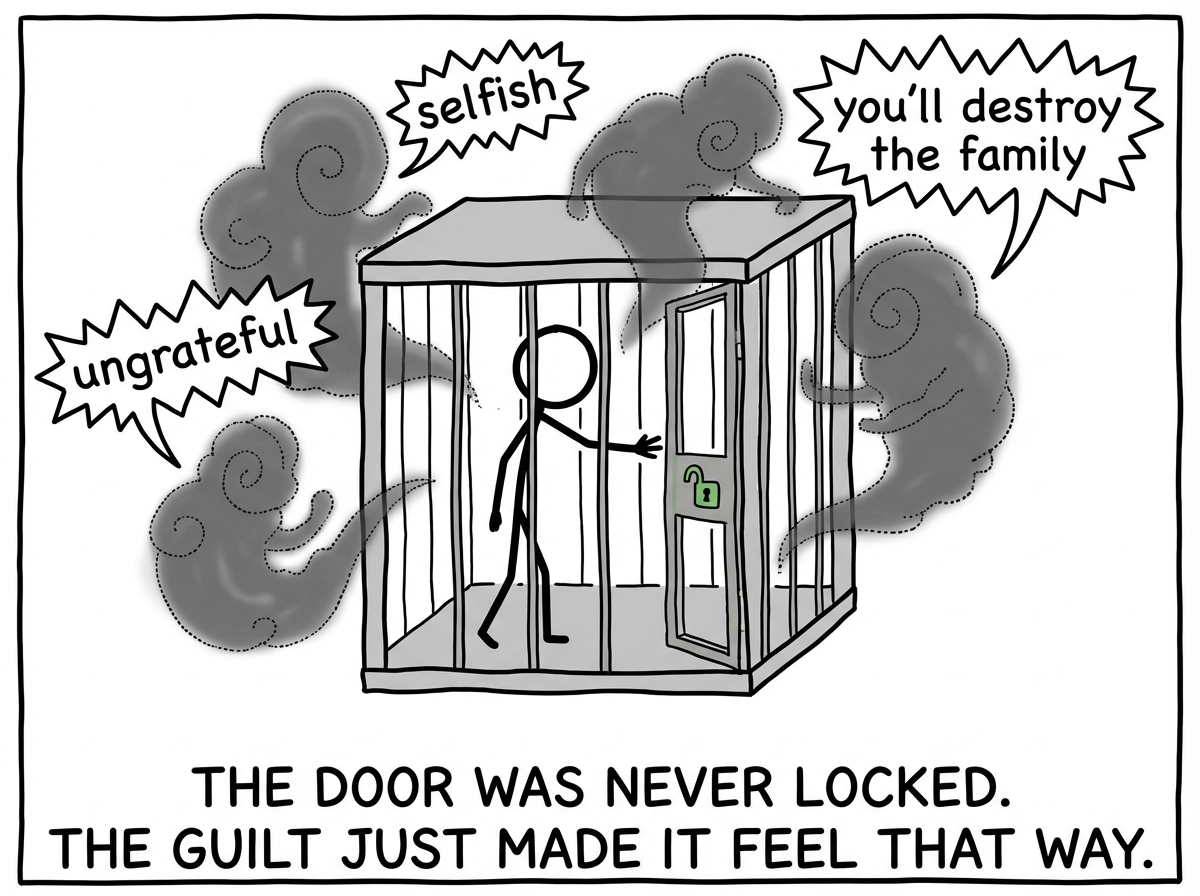 The caged stick figure reaching for the door, which is actually unlocked, while guilt-cloud figures swarm around whispering 'selfish,' 'ungrateful,' 'you'll destroy the family'