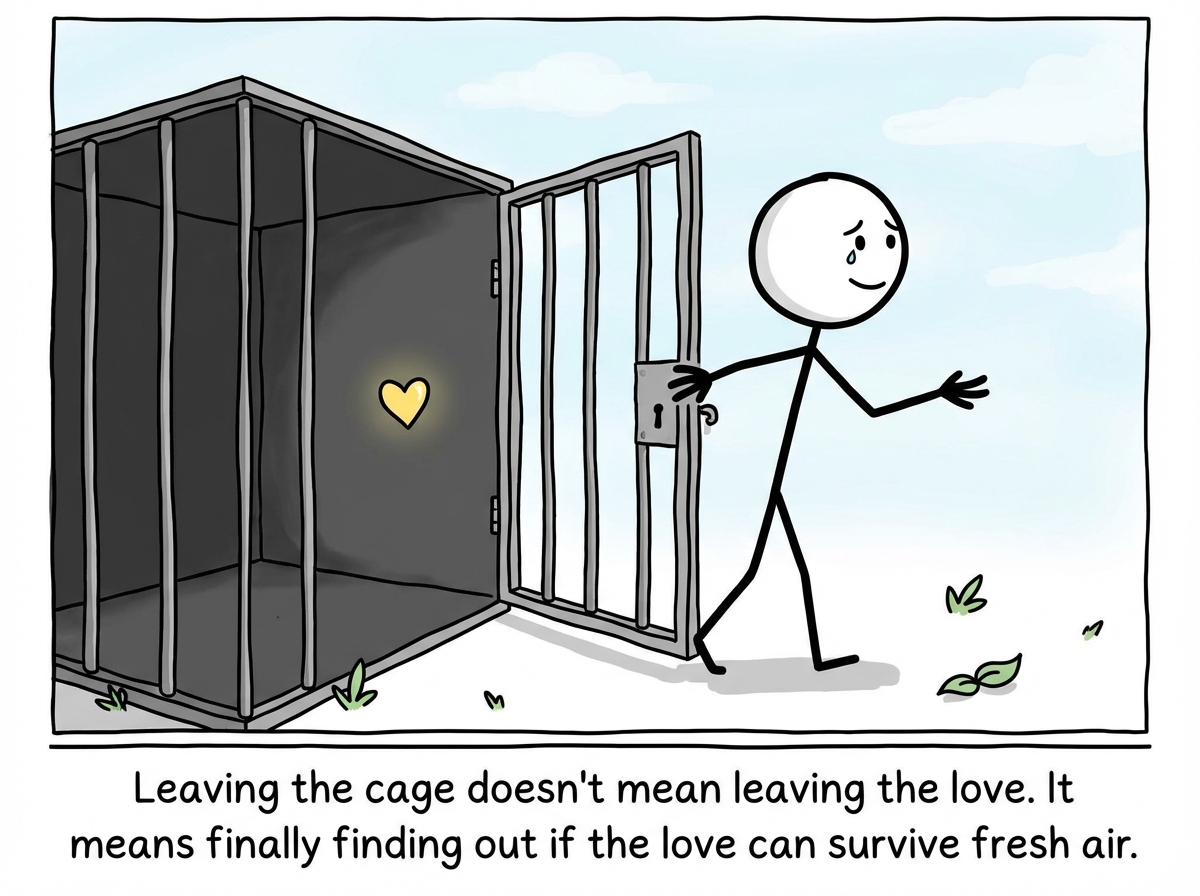 The stick figure standing outside the cage, one hand still resting on the open door, looking back with compassion but also forward with relief