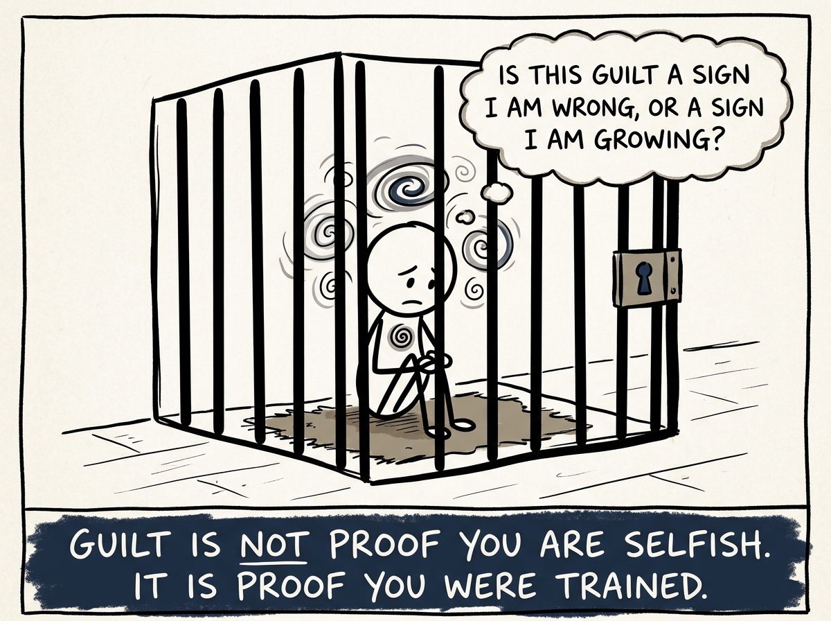A stick figure inside the cage, feeling guilt swirl around them, pausing to think 'Is this guilt a sign I am wrong, or a sign I am growing?'
