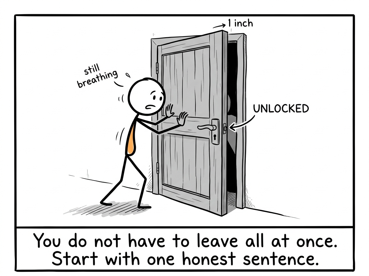 The stick figure pushing the unlocked door open one inch, testing what happens, still breathing