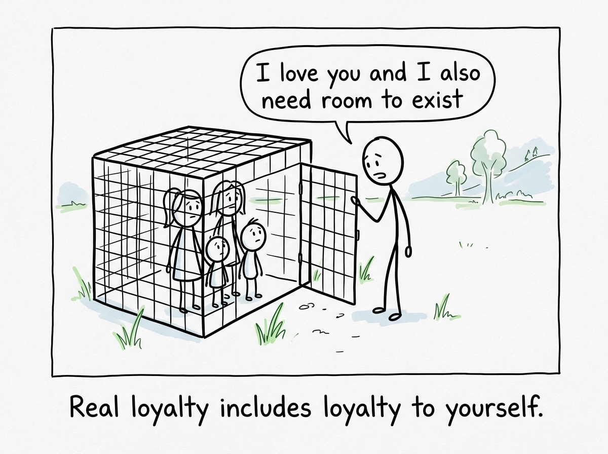 The stick figure standing outside the cage, saying 'I love you and I also need room to exist' while family looks on