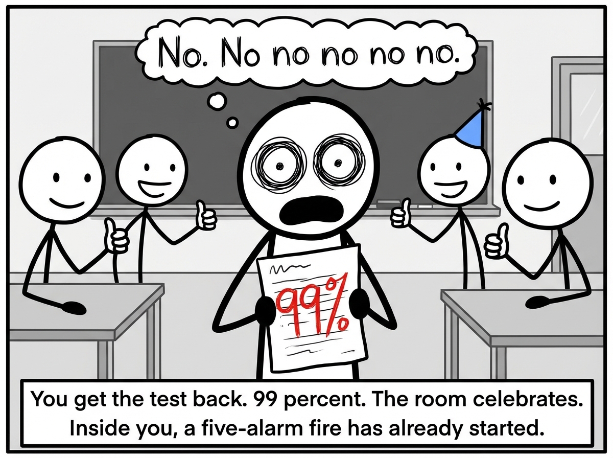 A stick figure receiving a test paper with a large red '99%' written at the top. The figure's eyes are wide with shock, their mouth hanging open in disbelief. A thought bubble above their head reads 'No. No no no no no.' Around them, other stick figures are smiling and giving thumbs up, completely unaware of the internal catastrophe unfolding.