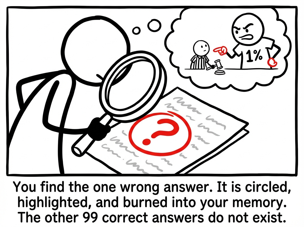 The stick figure hunched over the test paper with a magnifying glass, circling the single wrong answer in red while ignoring the rest of the page. The correct answers are faded and gray. A thought bubble shows a courtroom where a tiny version of themselves stands on trial, with the missing 1 percent serving as the prosecutor, pointing an accusatory finger.