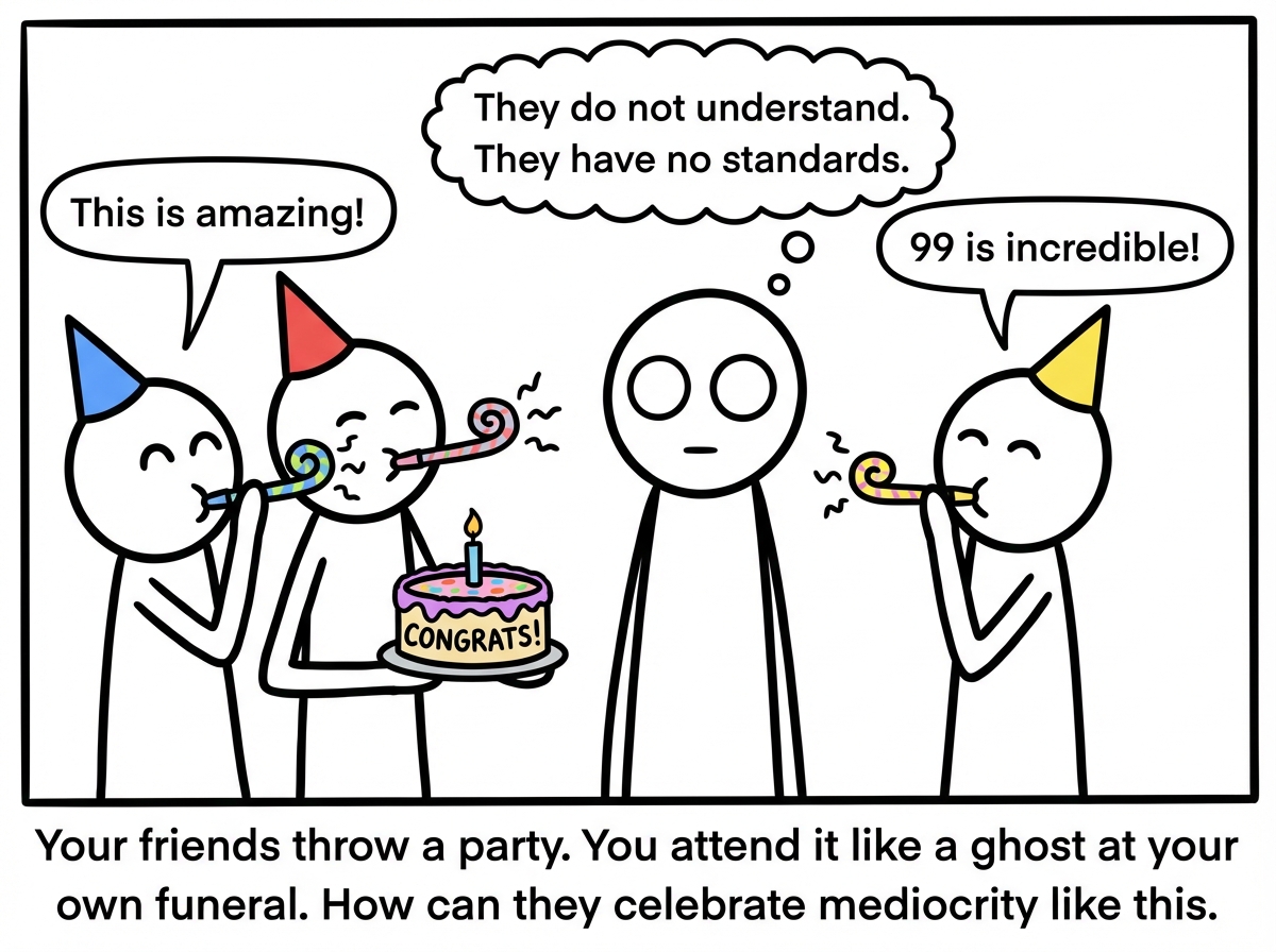 Three friends surround the stick figure, holding a small cake that reads 'CONGRATS!' and blowing party horns. One friend says 'This is amazing!' Another says '99 is incredible!' The stick figure stands rigid in the center, arms at their sides, staring into the middle distance with a hollow expression, a thought bubble reading 'They do not understand. They have no standards.'