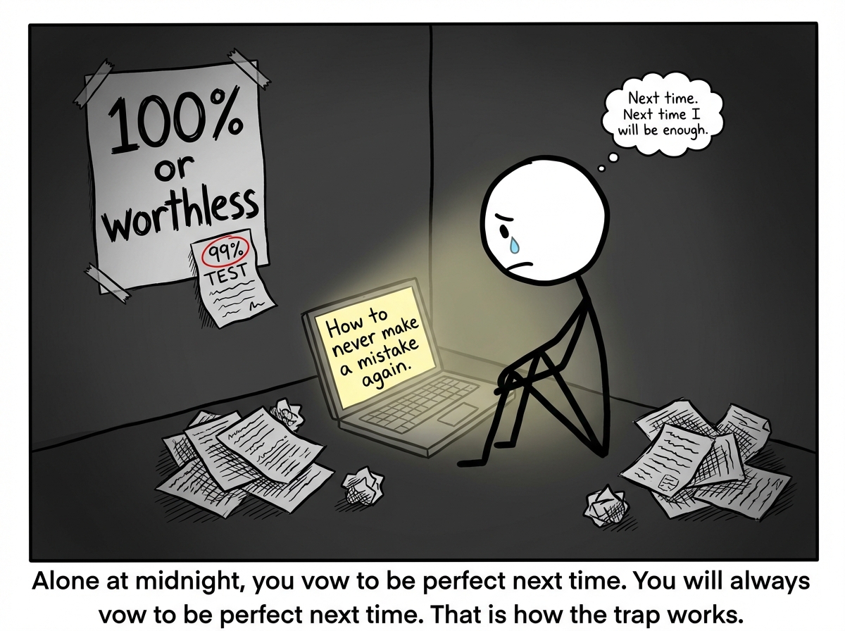The stick figure sits alone at night in a dark room, surrounded by crumpled papers and a laptop open to 'How to never make a mistake again.' On the wall behind them is a poster that reads '100% or worthless' with the 99% test pinned below it like evidence of a crime. A single tear runs down the stick figure's face. In a tiny thought bubble: 'Next time. Next time I will be enough.'