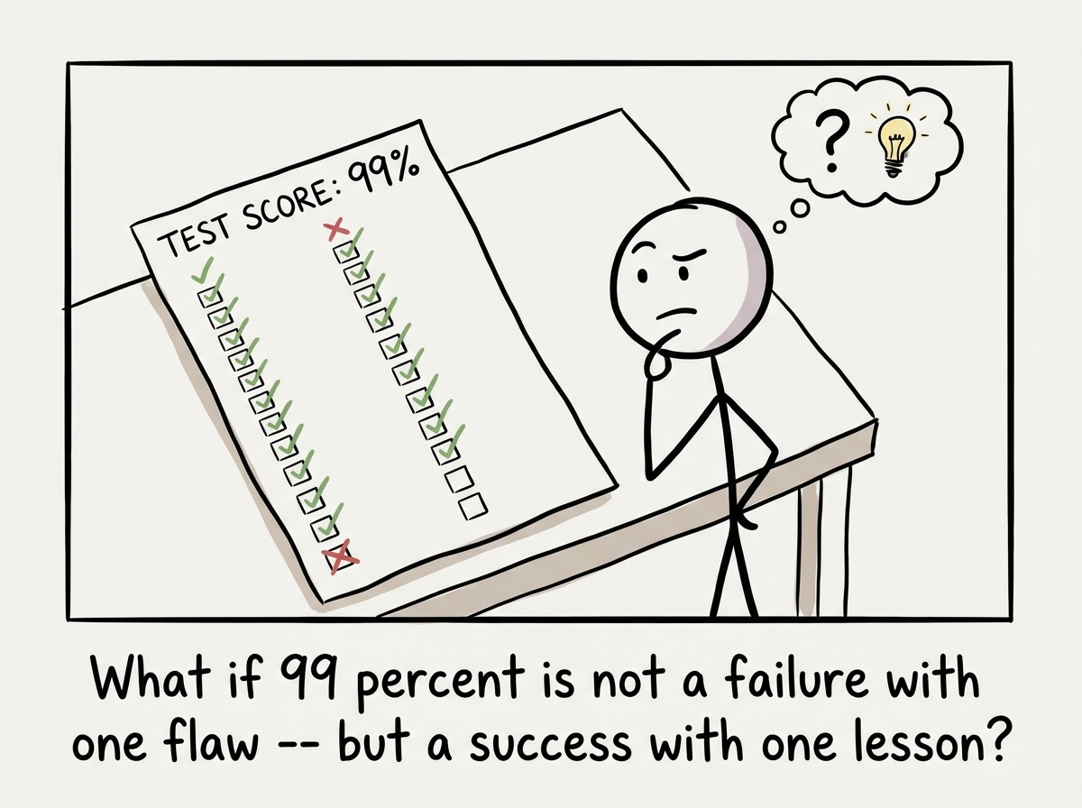 A stick figure looking at the 99 percent test score again, but this time noticing both the correct and incorrect answers equally, with a gentle expression of curiosity instead of horror.