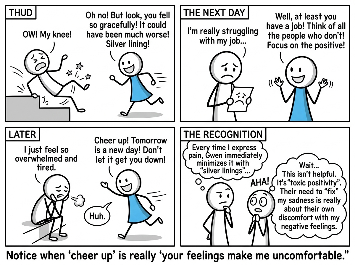 A stick figure noticing that every time they express pain, someone rushes to silver-line it, and recognizing the pattern as toxic positivity