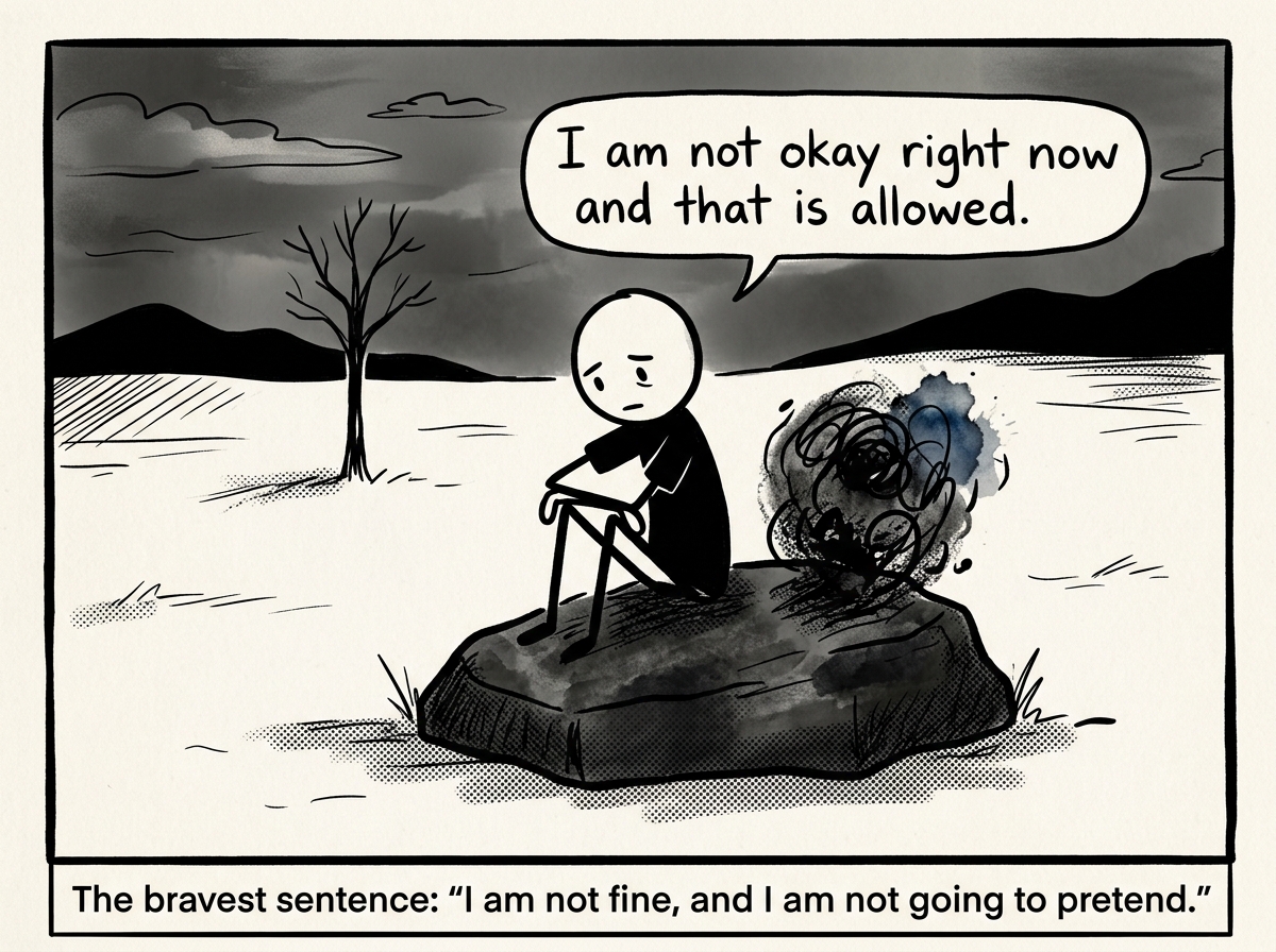 The stick figure choosing to sit with a difficult emotion instead of performing happiness, saying 'I am not okay right now and that is allowed'