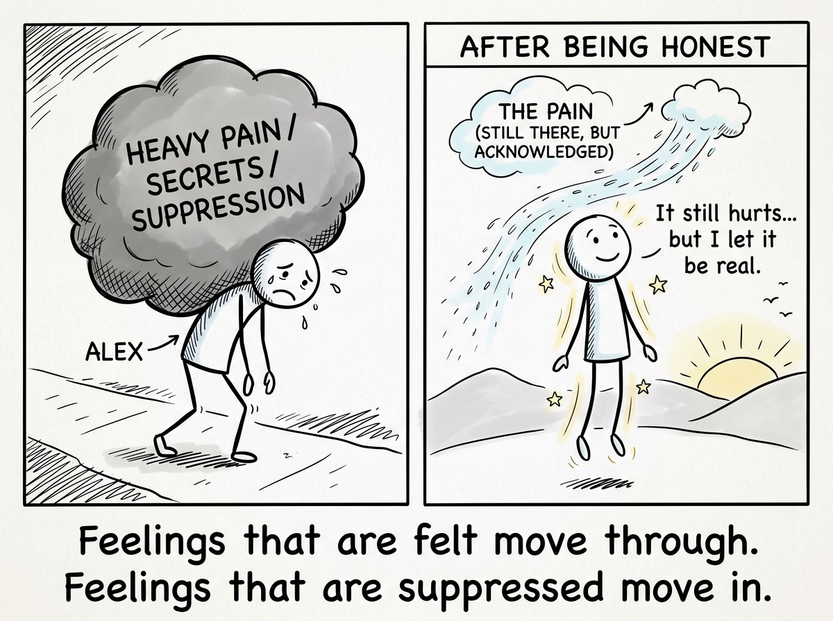 The stick figure feeling genuinely lighter after being honest, not because the pain is gone but because it was finally allowed to exist