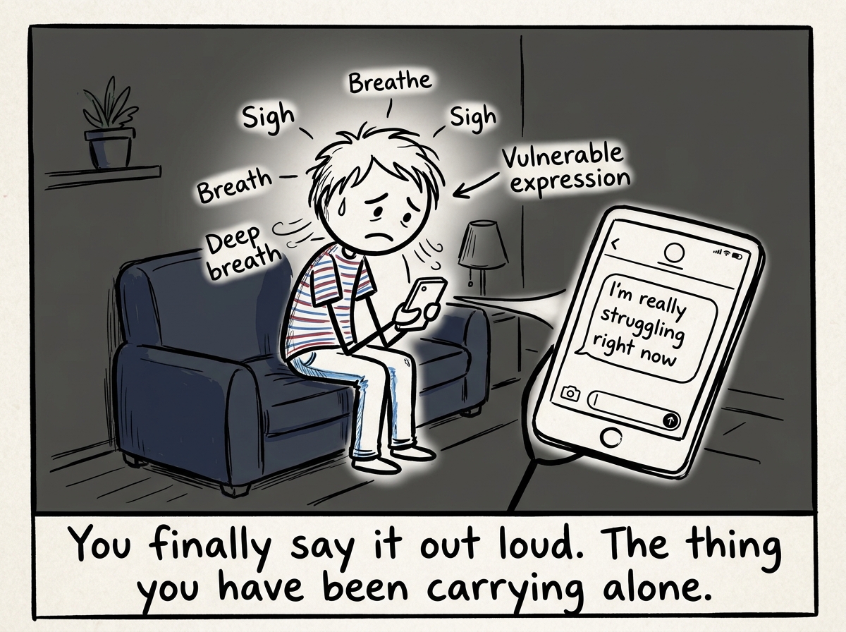 A person taking a deep breath and texting a friend 'I'm really struggling right now' with a vulnerable expression